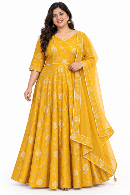 Mustard yellow Dola silk jacquard Anarkali dress with gold floral vine pattern and sheer dupatta