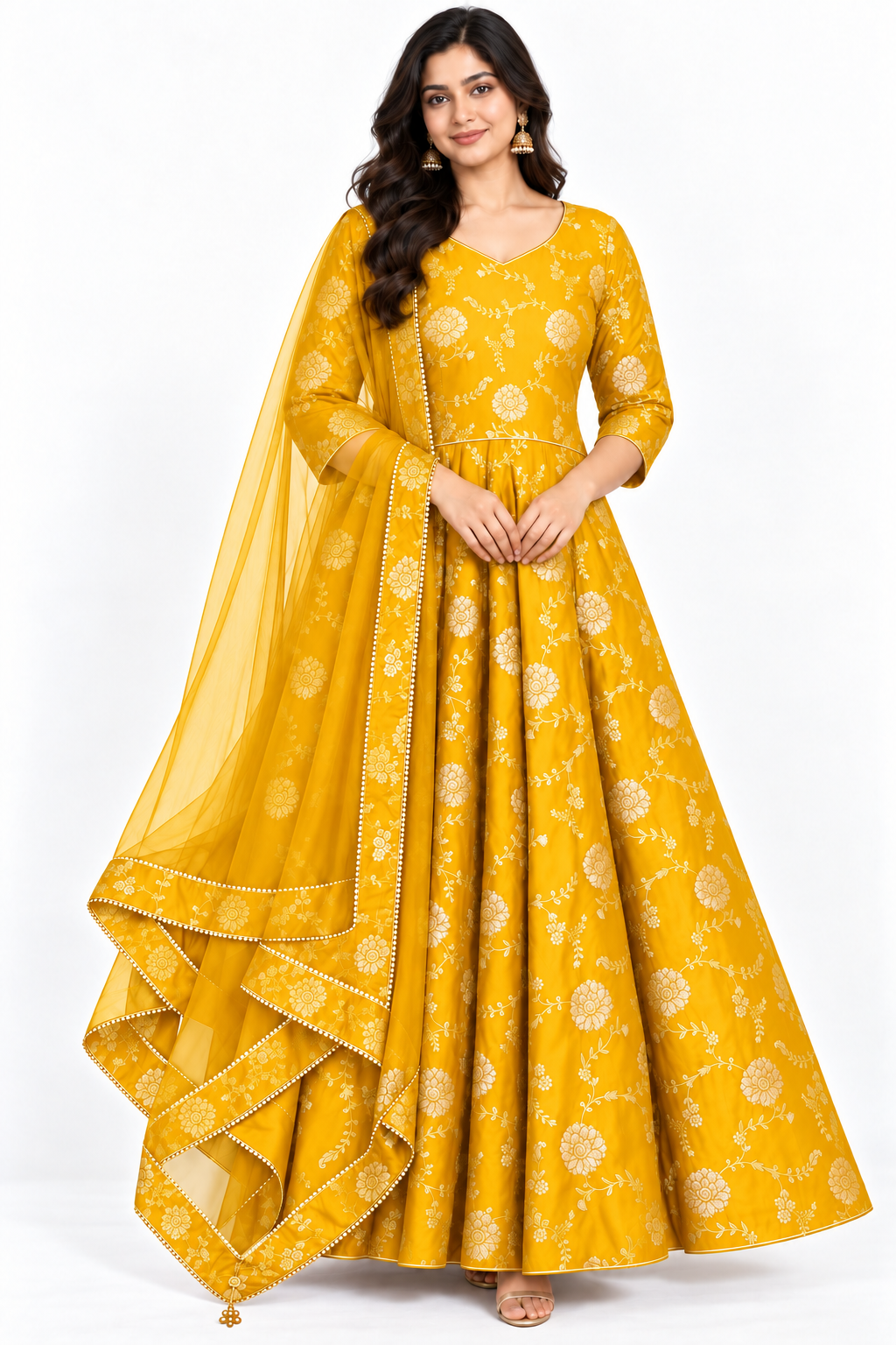 Mustard yellow Dola silk jacquard Anarkali dress with gold floral vine pattern and sheer dupatta