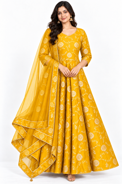 Mustard yellow Dola silk jacquard Anarkali dress with gold floral vine pattern and sheer dupatta