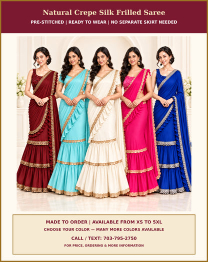 Four women modeling layered ruffled silk sarees in maroon, light blue, ivory, pink, and royal blue with gold borders, under a heading reading 'Natural Crepe Silk Frilled Saree' with additional text at the bottom.
