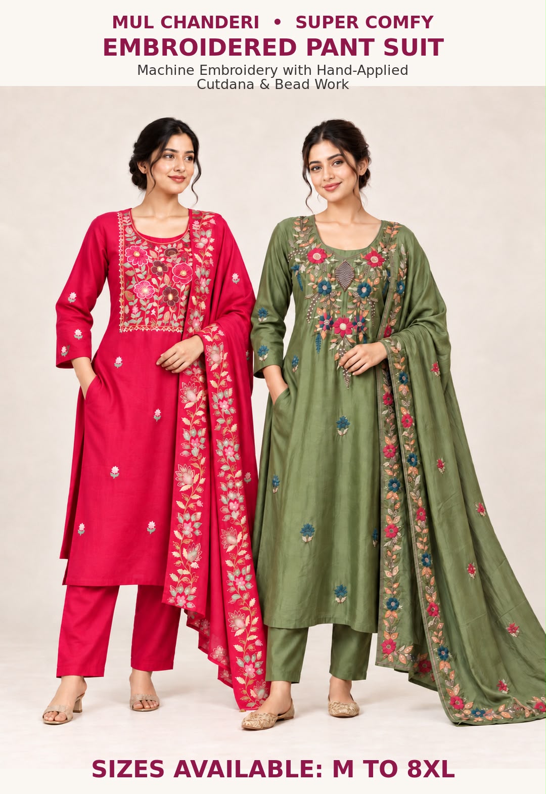 Two women modeling embroidered mul chandri pant suits against a plain light beige studio background. The left model wears a bright pink/fuchsia suit with floral embroidery and a matching dupatta, while the right model wears an olive green suit with similar embroidery and a matching dupatta.