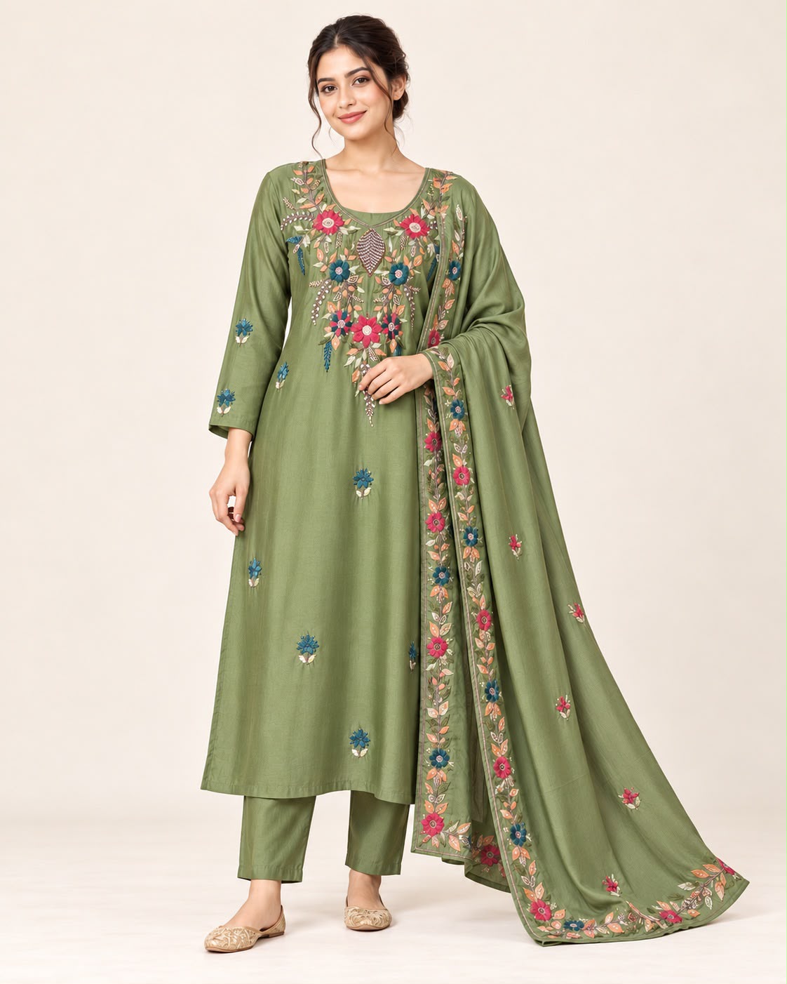 Olive green Chanderi 3 piece embroidered suit set with floral kurta, matching pants and embroidered dupatta