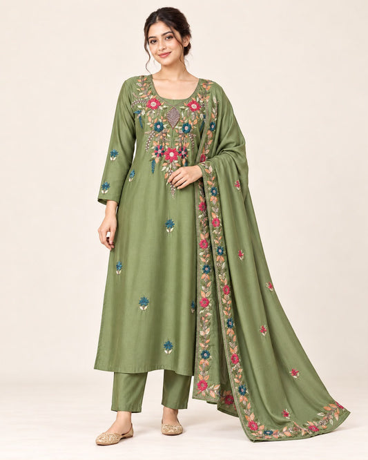 Olive green Chanderi 3 piece embroidered suit set with floral kurta, matching pants and embroidered dupatta