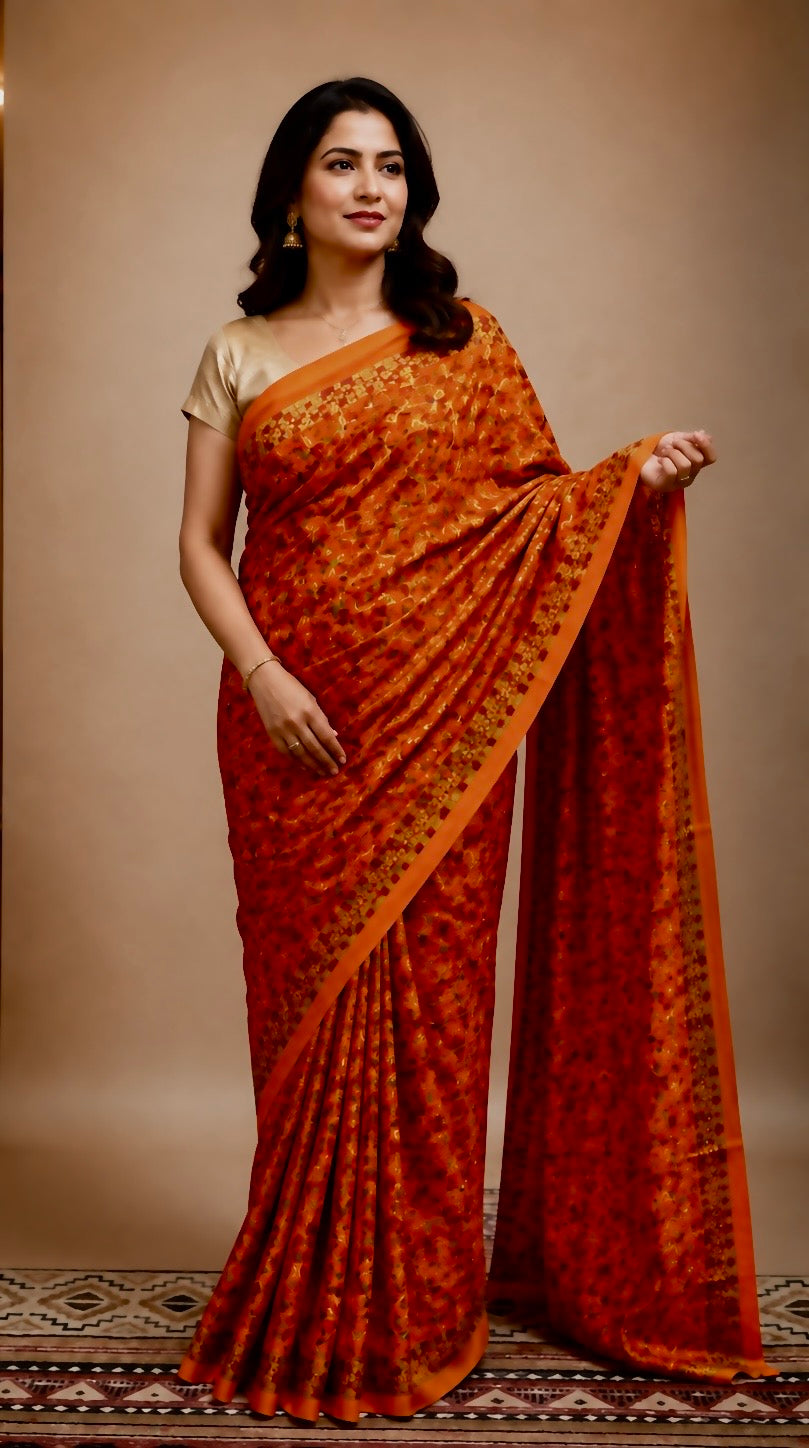 Orange Kanchan Phulkari Chinnon saree with multicolor Reshmi thread embroidery and sequin detailing