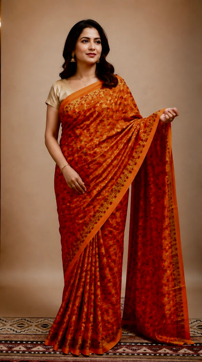 Orange Kanchan Phulkari Chinnon saree with multicolor Reshmi thread embroidery and sequin detailing