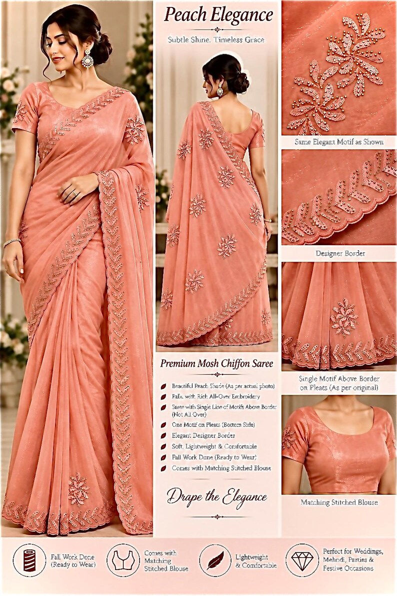 Peach shimmer tissue chiffon embroidered saree with floral motifs and detailed border
