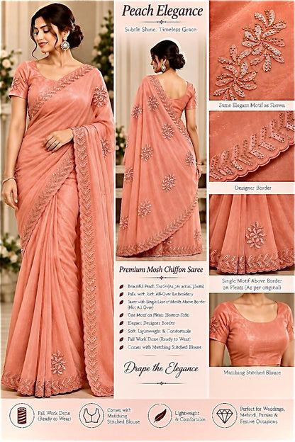 Peach shimmer tissue chiffon embroidered saree with floral motifs and detailed border