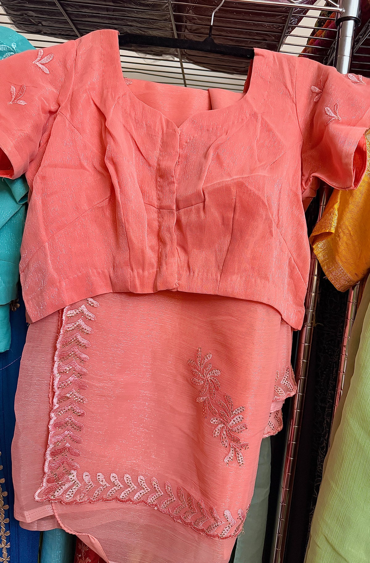 Close-up of peach tissue chiffon saree showing detailed floral embroidery and border work