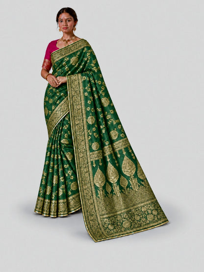 Peacock green jacquard zari saree with gold border, designer pallu and hot pink blouse
