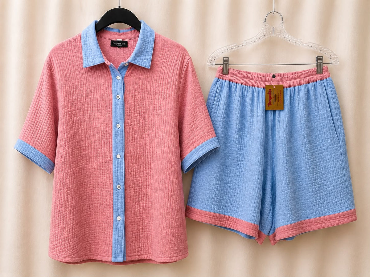 Pink and blue cotton pajama shirt and shorts set displayed on hangers