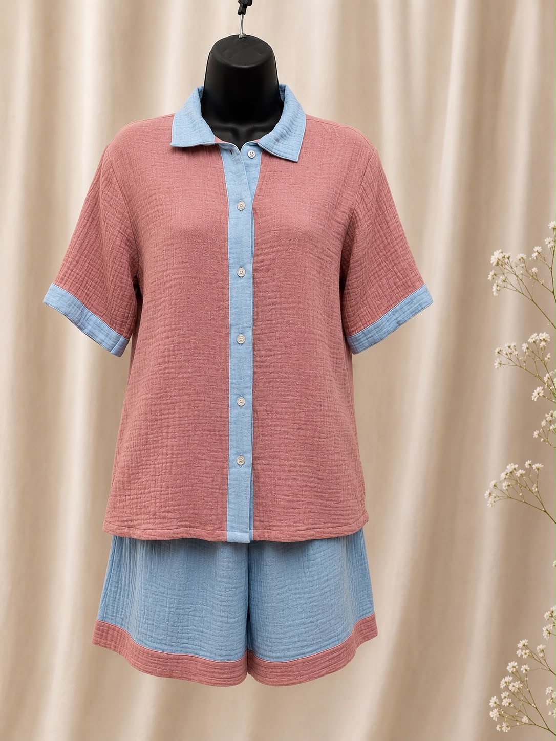 Pink and blue cotton double gauze pajama set shown from the front