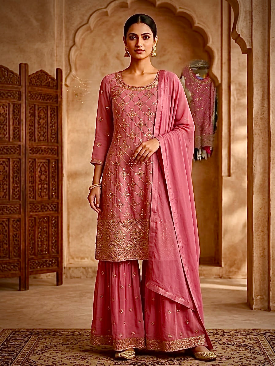 Pink Georgette A-line Sharara suit with embroidered kurti, Sharara pants and dupatta
