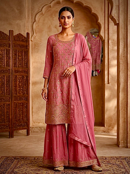 Pink Georgette A-line Sharara suit with embroidered kurti, Sharara pants and dupatta