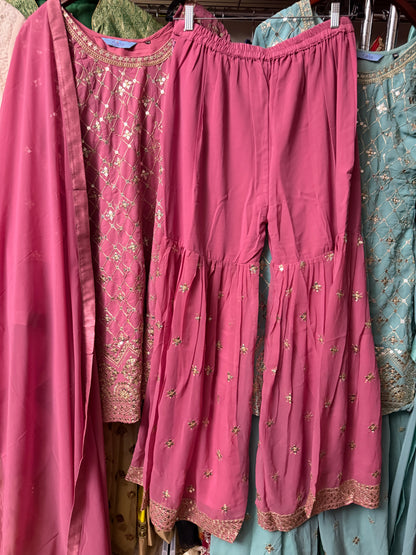 Pink Georgette Sharara suit with intricate embroidered kurti and matching fabric