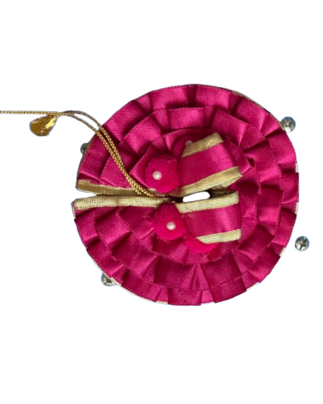 Pink and magenta Laddu Gopal Janmashtami poshak with layered satin ruffles, gold trim, and decorative center detail