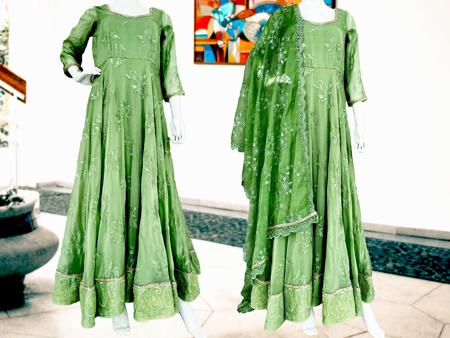 Pista Green Anarkali Gown with Stole, Pure Organza Embroidered Long Dress, Partwear, Plus size long gown with Dupatta, Indian Long Dress