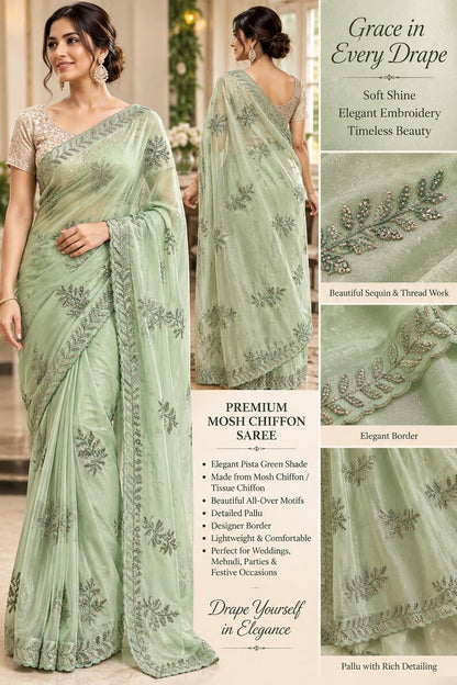 Pistachio green shimmer tissue chiffon saree with embroidery, heavy pallu and detailed border