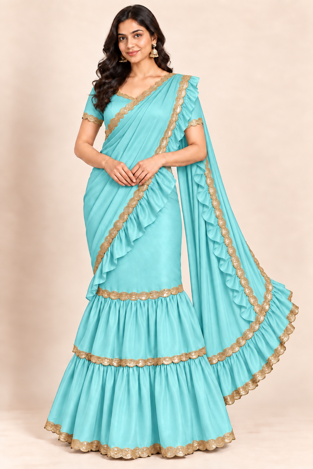 A woman modeling a light turquoise blue saree with gold embroidered borders and a matching blue blouse, posed against a solid beige studio background.