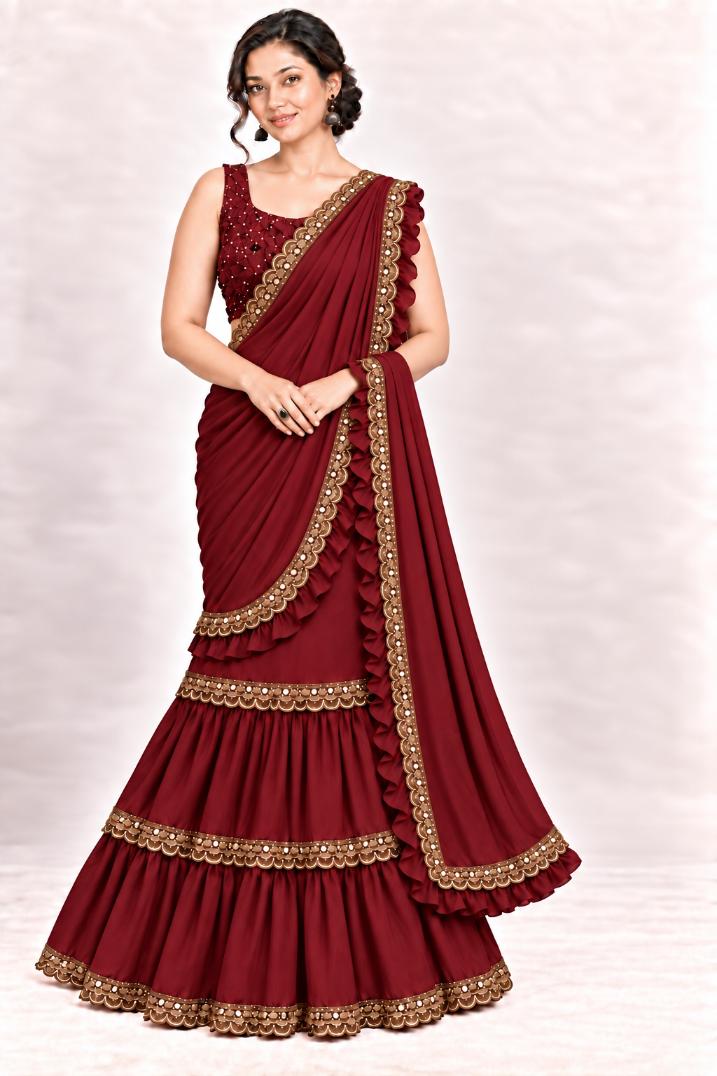A woman modeling a deep maroon georgette saree with gold zari embroidery and a matching embroidered sleeveless blouse against a light gray studio background.