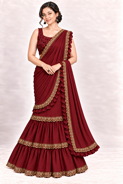 A woman modeling a deep maroon georgette saree with gold zari embroidery and a matching embroidered sleeveless blouse against a light gray studio background.