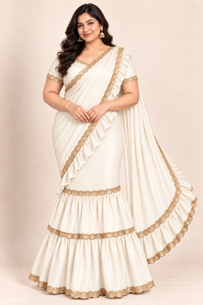 A woman modeling a cream-colored saree with gold embroidered borders and a matching cream blouse, set against a solid light beige background.