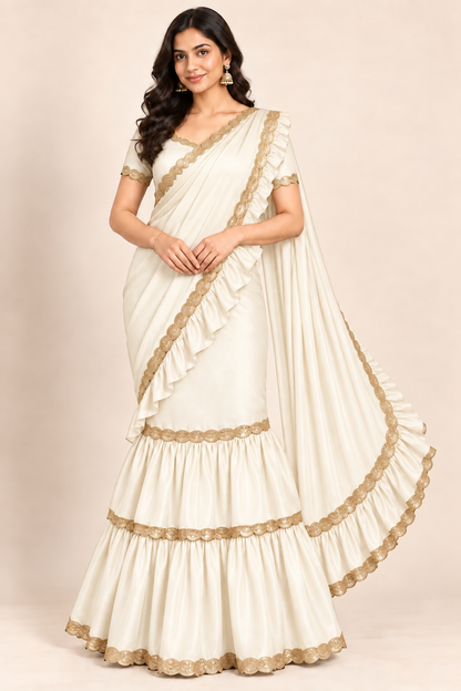 A woman modeling a cream-colored saree with gold border trim and a matching cream blouse against a plain beige studio background.