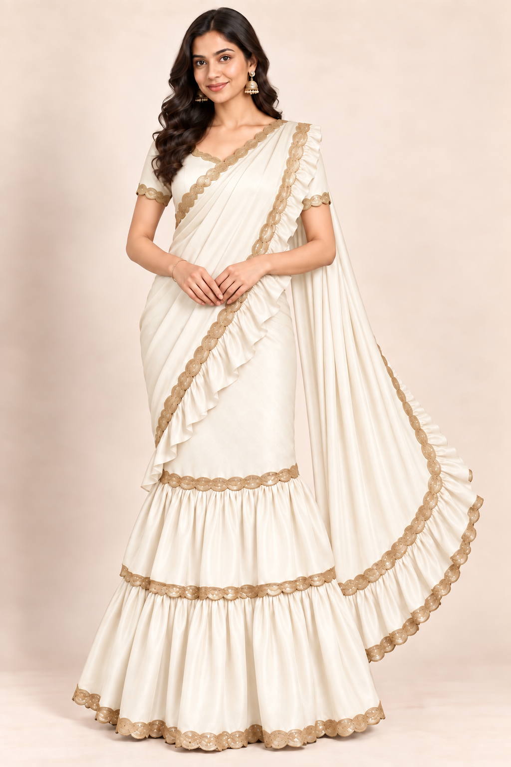 A woman modeling a cream-colored traditional Indian saree with gold embroidered borders and tiered ruffle details, set against a solid beige studio background.