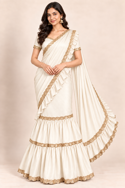 A woman modeling a cream-colored traditional Indian saree with gold embroidered borders and tiered ruffle details, set against a solid beige studio background.