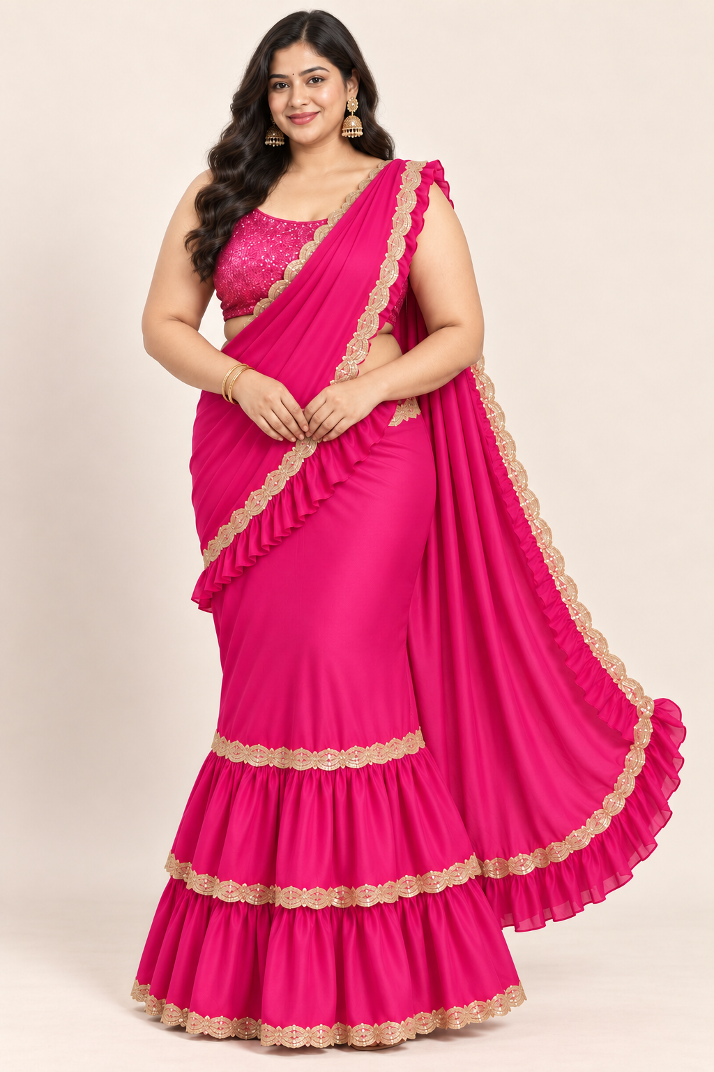 A woman modeling a bright pink saree with gold lace borders and a matching pink embroidered blouse against a plain beige studio background.