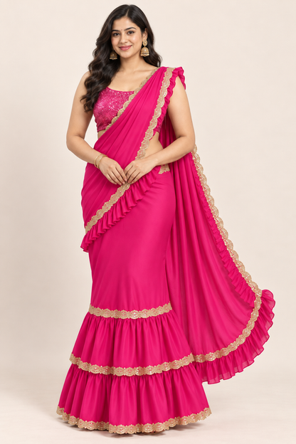 A woman modeling a bright pink georgette saree with a matching embroidered blouse. The saree features tiered ruffle edges with gold foil borders, and the blouse has pink floral embroidery.