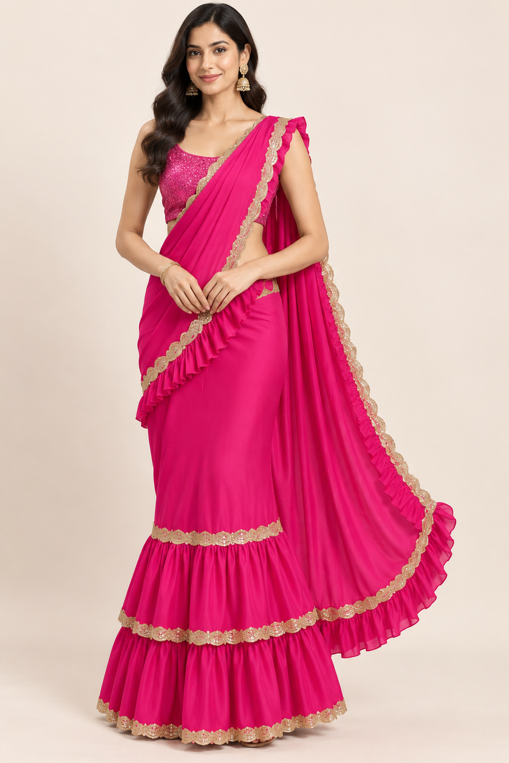 A woman modeling a bright pink saree with gold lace trim and a matching pink embroidered blouse against a plain beige studio background.
