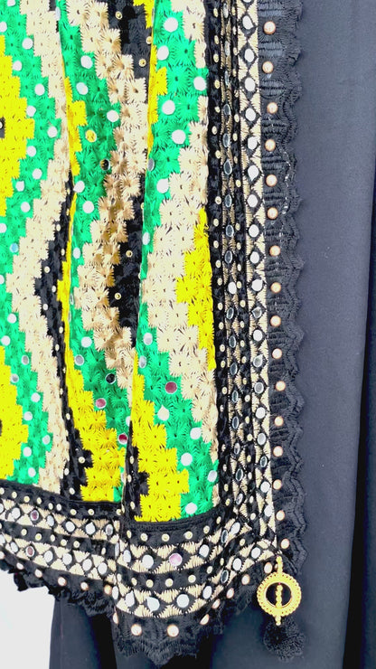 Black Multicolor Yellow Phulkari Dupatta, Indian Ethnic Punjabi Stole