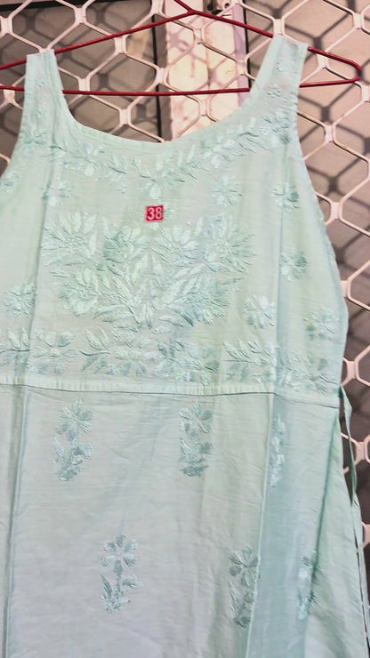 Chanderi Silk Dress with Luckhnowi Hand Embroidery | Handmade Indian Dress | Sleeveless A-Line Dress - Waist Tie | Ethnic Summer Dress