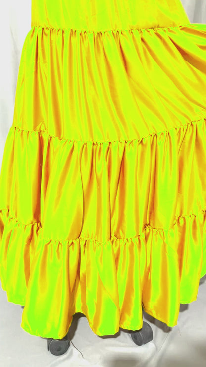 Lime Yellow Tiered Silk Ankle Length Skirt Comfortable Elastic Waist Flared Layer