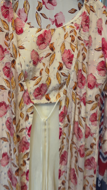 Floral Indo-Western Co-Ord Set with Natural Crepe Jacket & Top | Chinon Palazzo | Hand Embroidered | Women’s Party & Wedding Outfit