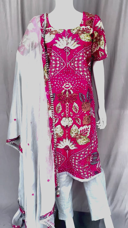 Pink and grey Pure Cotton floral Print Straight Pant Suit with Dupatta, Daily wear, Office Wear, Gift for her, Punjabi Pant Suit, Indian