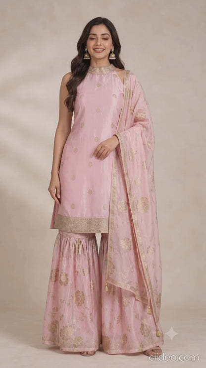 Dola Silk Palazzo Suit Set with Gold Zari & Georgette Dupatta | 3 Piece Indian Ethnic Wear