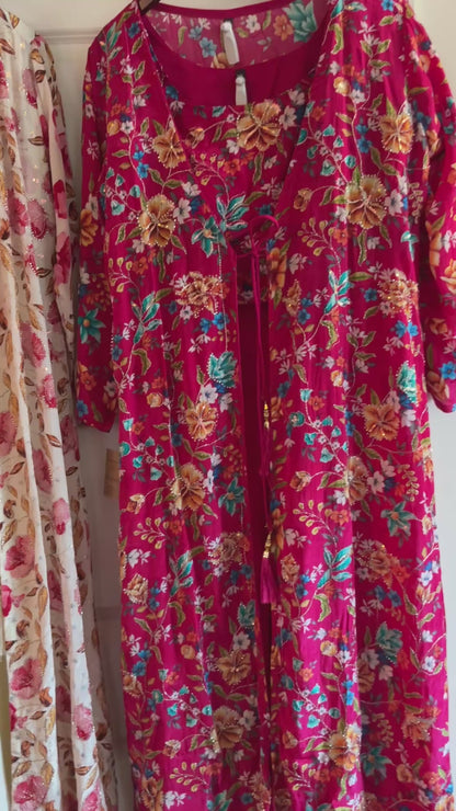 Floral Indo-Western Co-Ord Set with Natural Crepe Jacket & Top | Chinon Palazzo | Hand Embroidered | Women’s Party & Wedding Outfit