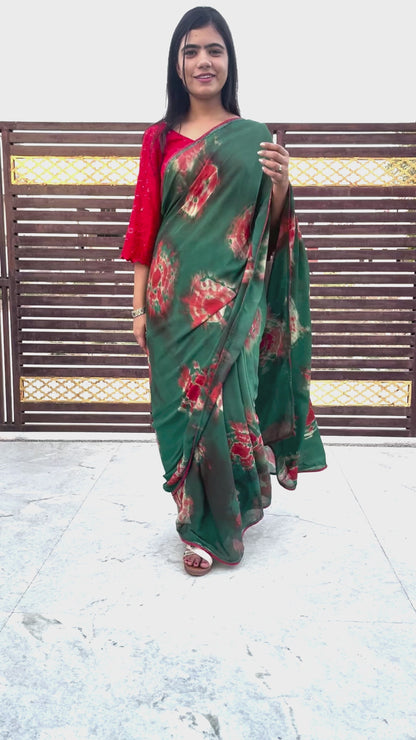 Green and Red Pure Georgette Hand Tie Dye Saree