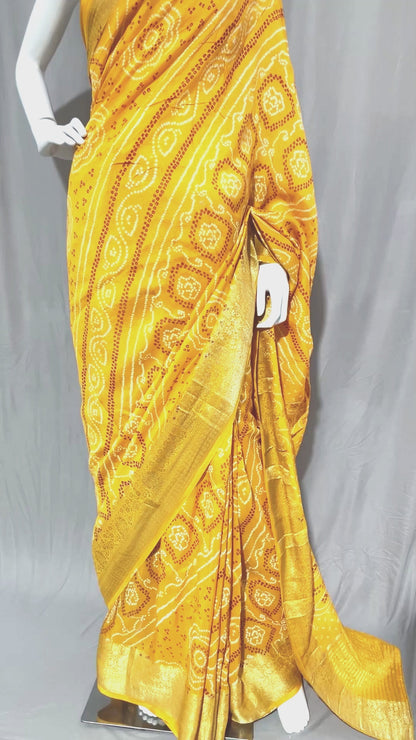 Bright Yellow Bandhani Sari, Bhandej Silk Saree, Jaipuri print Saree