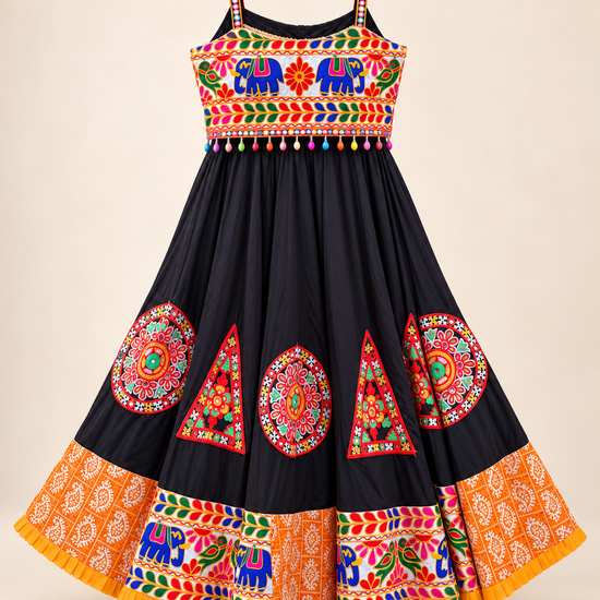 Original product photo of the black chaniya choli with multicolor embroidery, satin blouse, and red dupatta.