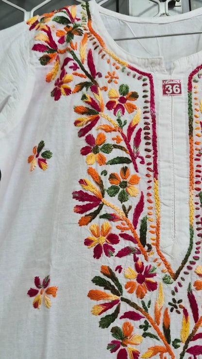 Hand Embroidered White Chanderi Cotton Kurti | Floral Indian Tunic | Ethnic Long Kurta for Women | Boho Festive Wear