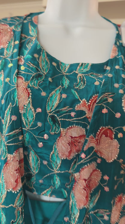 Floral Indo-Western Co-Ord Set with Natural Crepe Jacket & Top | Chinon Palazzo | Hand Embroidered | Women’s Party & Wedding Outfit