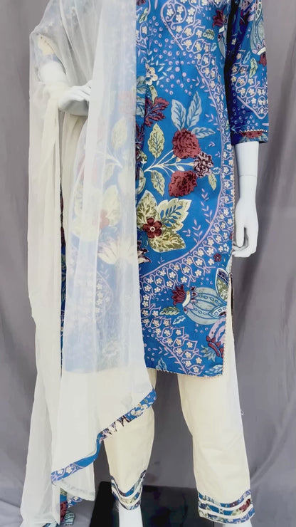 Blue and Cream Pure Cotton Indian Straight Pant Suit