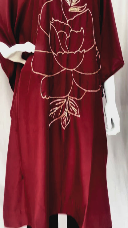 Maroon Hand Embroidered Kaftan, Pure Muslin Partywear Embroidered Floral Design Kaftan