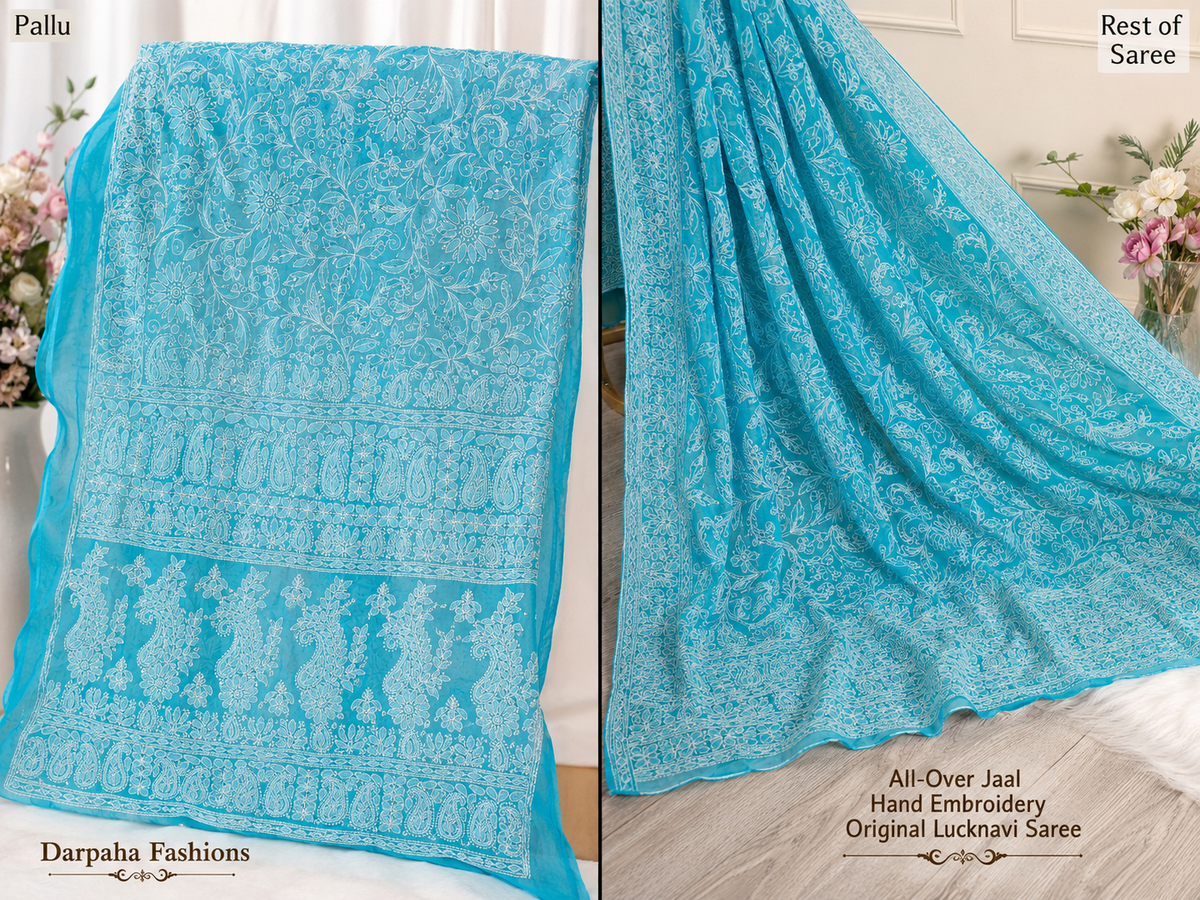 sky blue pure georgette saree highlighting intricate white floral embroidery, paisley motifs, and elegant embroidered border.