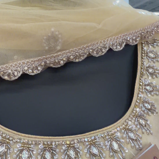 Detailed view of handcrafted Gota Work border and embroidery on premium mustard yellow Chinon dupatta.