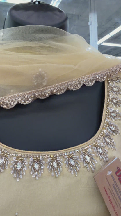 Detailed view of handcrafted Gota Work border and embroidery on premium mustard yellow Chinon dupatta.