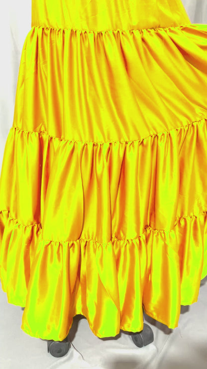 Yellow Tiered Silk Ankle Length Skirt Comfortable Elastic Waist Flared Layer