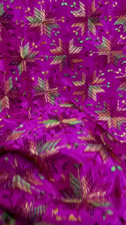 Video of multicolor Kanchan Phulkari style Chinnon sarees in black, orange and magenta